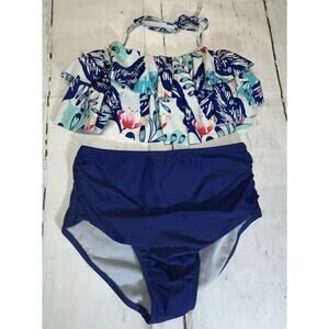 2 piece Swimsuit, Flowery/Ruffle Top, Black Hi Waist Bottom Size Medium
